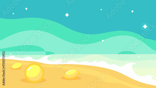 Stylized beach scene with turquoise waves and yellow pebbles under a clear sky