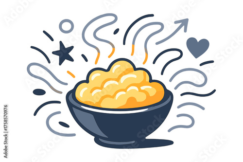 Glowing Scramble Delight. Scrambled eggs. Glowing scrambled eggs in a bowl, abstract floating lines and light trails emphasizing fluffiness and warmth. Modern