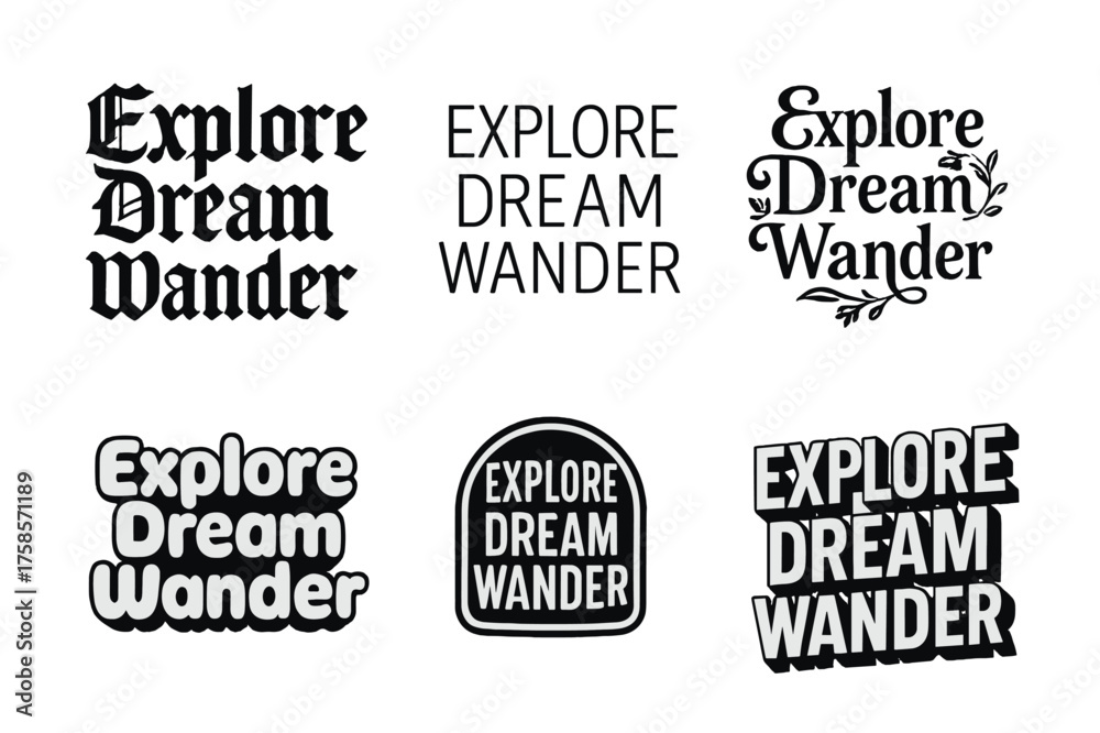 Fototapeta premium Harmonious Lettering Variations. Explore dream wander. Set lettering. harmonious lettering variations of the same emblematic concept (Gothic-inspired