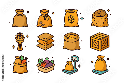 Colorful Shipping Sacks Icons. Shipping sacks. Colorful isometric vector icons set of shipping sacks: burlap sack, tied rope, coffee beans, grain bag, potato