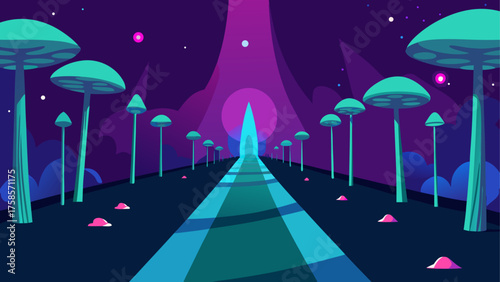 Surreal alien landscape with glowing mushrooms and a luminous path