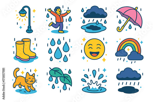 Evening Rain Icons. Evening rain. Colorful isometric vector icons set of evening rain: dim streetlight, person dancing, puddle reflection, umbrella, wet boots,