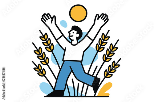 Wheat Sun Celebration. Wheat and Sun. A person raising hands toward the sky, stylized wheat stalks rising like rays, glowing sun floating above. Modern
