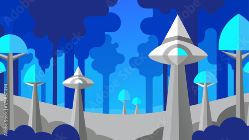 Futuristic alien forest with glowing mushroom like structures and tall trees
