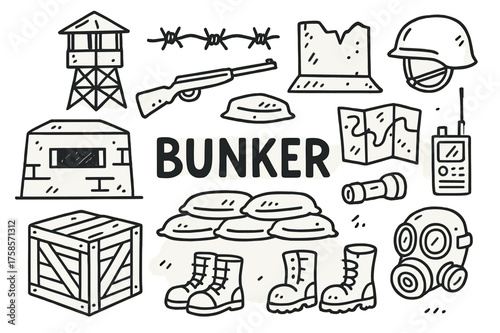 Bunker Doodle Icons. Bunker. Hand-drawn doodle illustration bunker fortification, lookout tower, barbed wire, concrete wall, rifle, helmet, radio, flashlight,