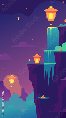 Enchanting night landscape with floating lanterns and waterfalls