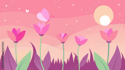 Whimsical pink butterfly and tulips under a soft sunset sky
