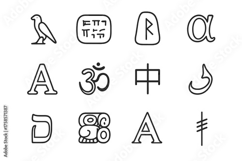 Ancient Script Icons. Ancient scripts. Line icon set of Ancient scripts: hieroglyph symbol, cuneiform tablet, runic stone, Greek letter, Latin letter, Sanskrit