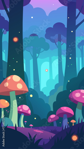 Enchanting forest with giant mushrooms and fireflies at dusk