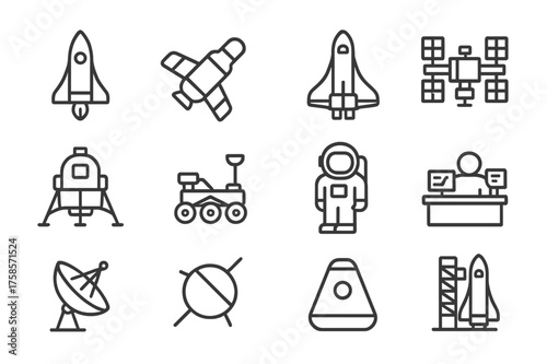 Space Exploration Icons. Space exploration. Line icon set of Space exploration: rocket, satellite, space shuttle, space station, lunar module, Mars rover,