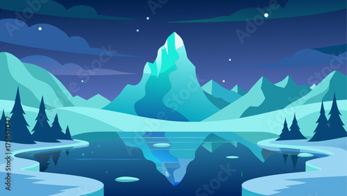Stylized arctic landscape with snow capped mountains and reflecting lake