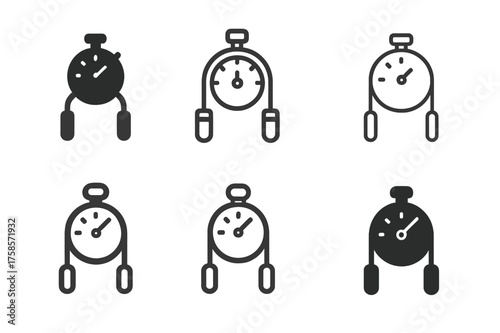 Versatile Fitness Logos. Jump rope. Set Logo of Fitness: skipping rope with timer. harmonious logo variations of the same emblematic concept, each with