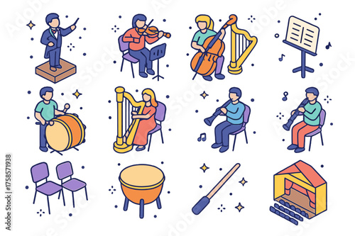 Orchestra Icons Set. Orchestra practice. Colorful isometric vector icons set of orchestra practice: conductor podium, violinist, cellist, trumpet player,
