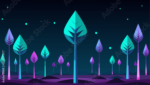 Abstract neon forest landscape with stylized trees and glowing dots