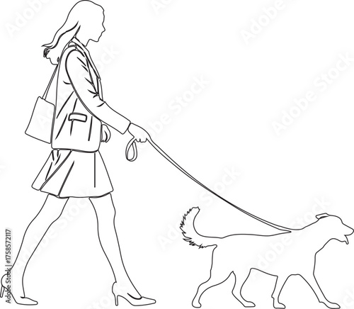 Woman walking a dog on a leash, line art illustration