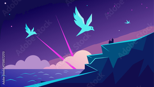 Stylized birds fly over a dramatic coastline under a vibrant purple sky