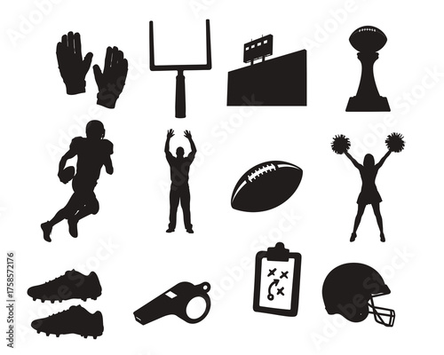Set of American Football Silhouettes with Player, Gear, Cheerleader, and Trophy