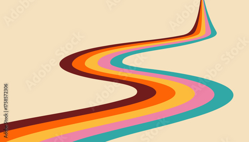 Abstract vector background with rainbow stripes receding into the distance in perspective. 1970s retrofuturism style. Wallpaper for posters, wall art, banners, and illustrations in retro colors.