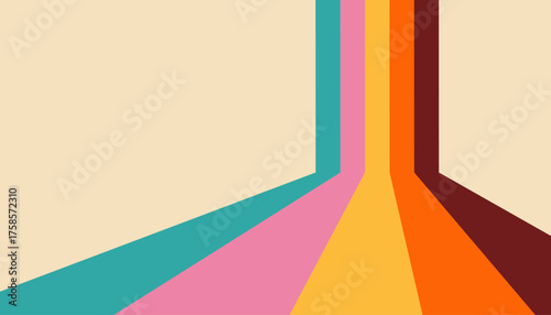 Modern vintage poster with an abstract vector design of upward-sweeping rainbow stripes. 1970s background with retro-futuristic wavy lines in a full color palette for poster designs, banner templates