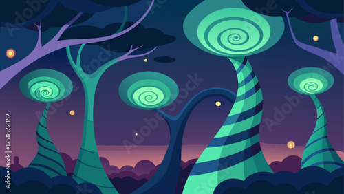 Enchanted alien forest with glowing spiral trees under a twilight sky