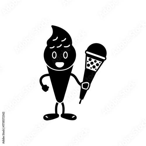 Ice cream character with microphone on transparent background silhouette