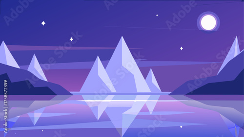 Serene mountain peaks reflected in calm water under a starry night sky