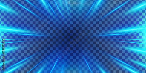 Warp tunnel blue light rays of speed motion directed towards the center, Futuristic neon stripes effect of dynamic acceleration of motion, Light illusion.