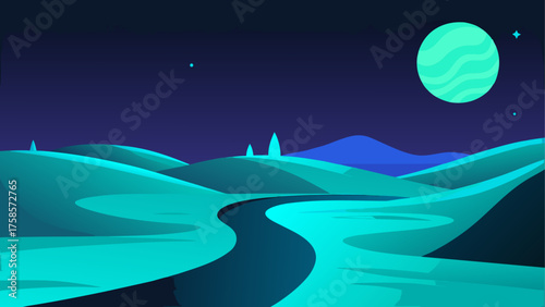 Serene alien landscape with winding river and turquoise moon