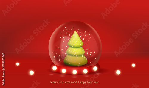Merry Christmas red background with glass transparent ball on podium with green cartoon tree. Holiday card with snowball. Vector design.