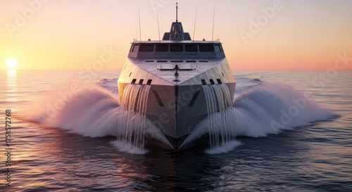 Futuristic Warship Cuts Through Ocean Waves at Sunset, Powerful Naval Vessel