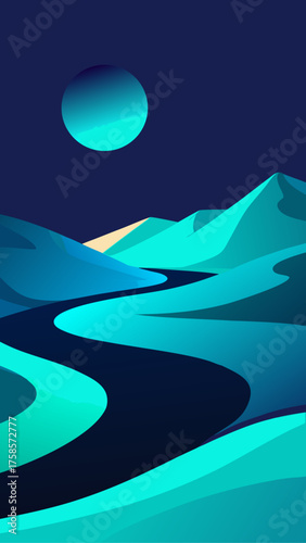 Abstract desert landscape with winding river and teal moon