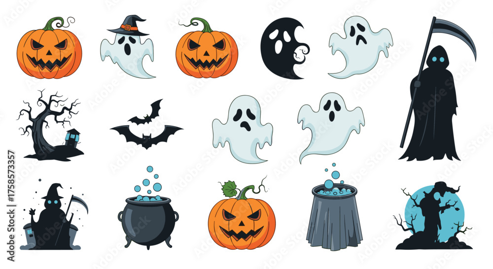 Obraz premium A collection of spooky halloween pixel art illustrations.