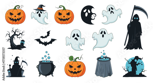 A collection of spooky halloween pixel art illustrations.