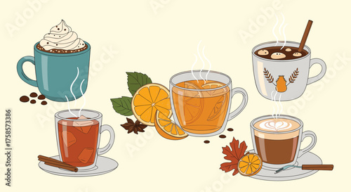 Five cozy autumn drinks with cinnamon sticks and orange slices.