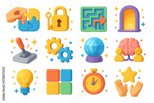 3D Puzzle Icon Set. Puzzle co-op. 3D icons set of puzzle co-op: two hands placing puzzle pieces, lock and key, maze map, glowing door, lever switch, gears