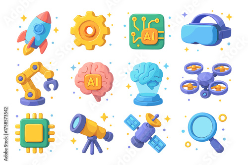 Vibrant Innovation Icons. 3D icons set of Innovation: rocket, gear, circuit board, VR headset, robot arm, AI brain, hologram, drone, microchip, telescope,