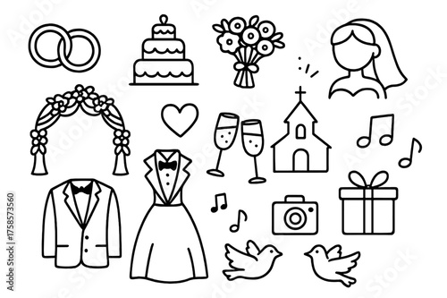 Wedding Icons Doodle. Wedding. Hand-drawn doodle illustration wedding wedding rings, cake, bouquet, veil, tuxedo, dress, arch, heart, champagne glasses,