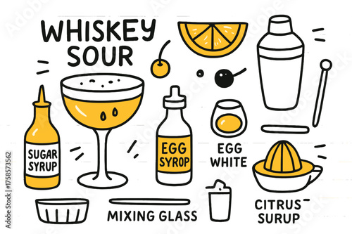 Whiskey Sour Doodle. Whiskey sour. Hand-drawn doodle illustration whiskey sour coupe glass (accented), lemon wedge (accented), cocktail cherry, frothy top