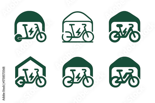 Futuristic Transport Logos. Future of transportation. Set Logo of Future of transportation: Shared electric micro-mobility hub (scooters & e-bikes). harmonious