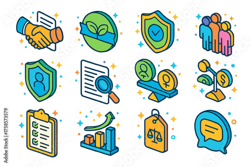 Business Ethics Icons. Colorful isometric vector icons set of business ethics: handshake with contract, fair trade label, ethical company badge, workplace