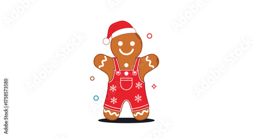 A festive gingerbread man wearing a red Santa hat and red overalls with white snowflakes.