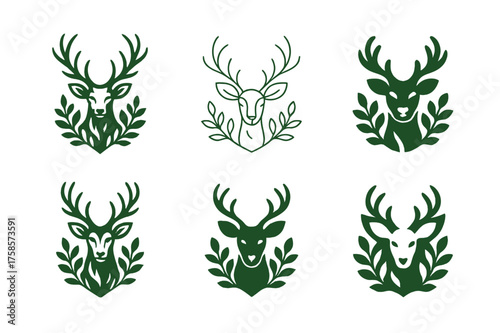 Wildlife Logo Variations. Wild animals in forests and jungles. Set Logo of Wild animals in forests and jungles: Stag with branching antlers framed by foliage.