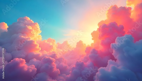 Colorful explosion of vibrant orange , pink , yellow , blue and purple clouds, magical atmosphere, fantasy landscape with soft pastel colors, dreamy background.