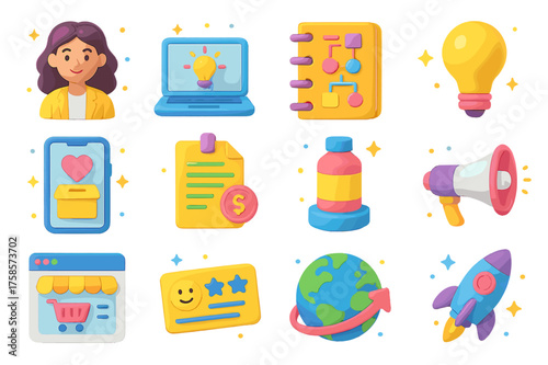 Women Entrepreneur Icons. 3D icons set of women entrepreneurs: startup founder, laptop with ideas, business plan notebook, light bulb inspiration, crowdfunding