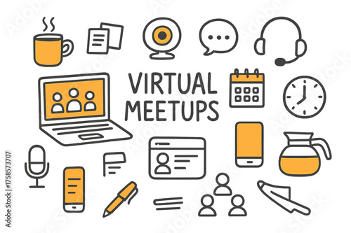 Virtual Meetup Essentials. Virtual Meetups. Hand-drawn doodle illustration virtual meetups laptop (accented), coffee cup, webcam (accented), headset, chat