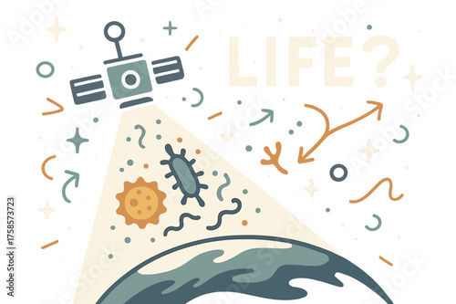 Astrobiology Discovery. Astrobiology search. A robotic probe shining light over an icy moon, faint microbial icons floating like discoveries. Words ?Life??