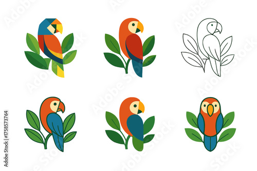 Wildlife Logo Variations. Wild animals in forests and jungles. Set Logo of Wild animals in forests and jungles: Macaw perched amid canopy leaves. harmonious