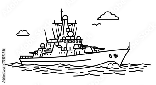 A large military warship sailing on the sea with clouds above.