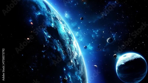 Vivid cosmic panorama showcasing a trio of celestial bodies surrounded by drifting asteroids in a mesmerizing blue galaxy. Generative AI