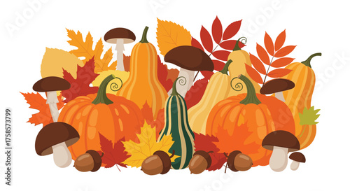A festive autumn harvest assortment of pumpkins squash mushrooms and leaves.
